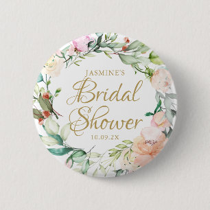 Roses Floral Gold Script Wedding Bridal Shower 6 Cm Round Badge