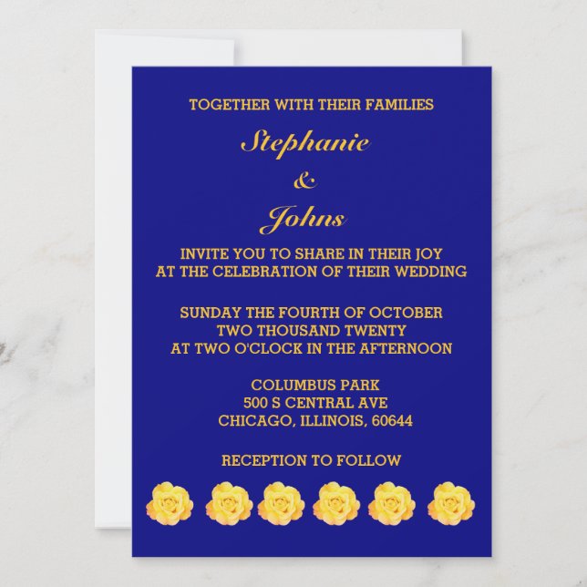 Roses Floral Golden Yellow Gold Navy Blue Wedding Invitation (Front)