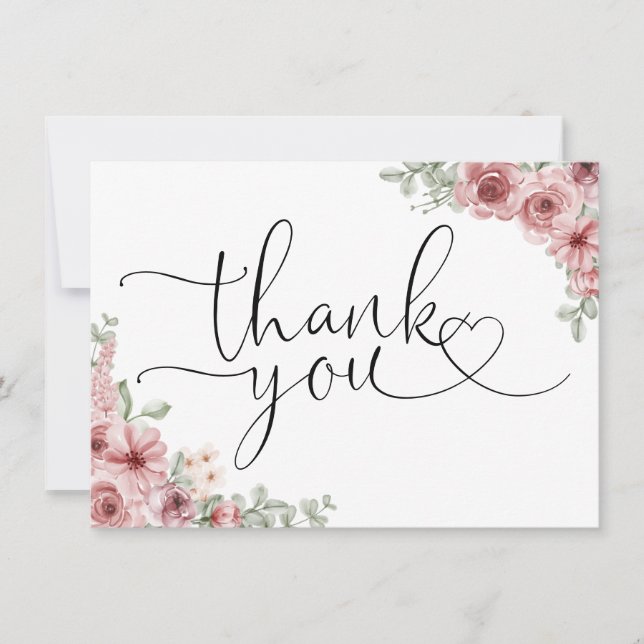Roses Floral Heart Script Black And White Thank You Card (Front)
