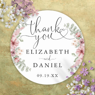 Roses Floral Heart Script Thank You Wedding Favour Classic Round Sticker