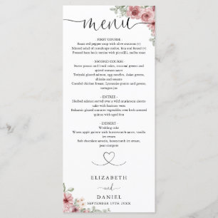 Roses Floral Heart Script Wedding Dinner Menu