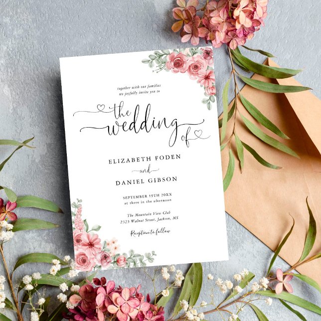 Roses Floral Hearts Script Calligraphy Wedding Invitation (Creator Uploaded)
