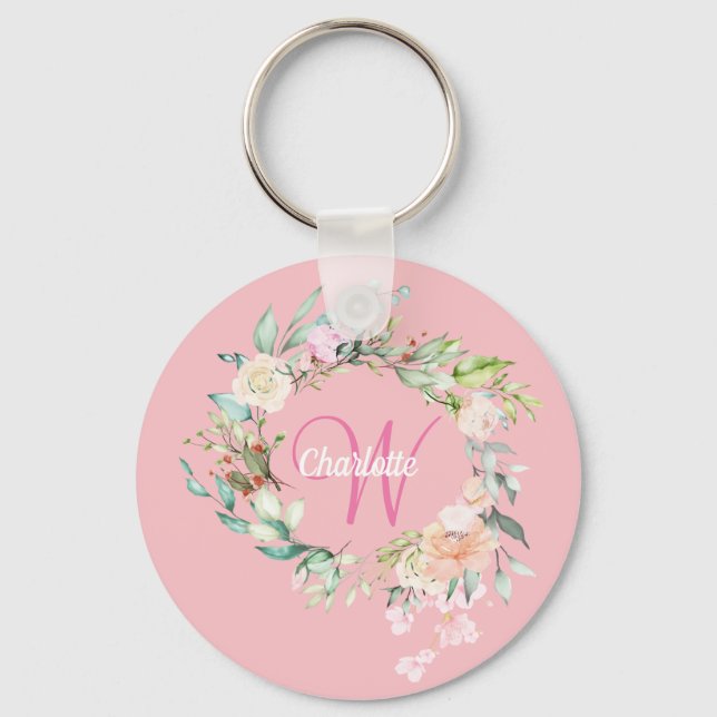 Roses Floral Initial Script Monogram Pink Key Ring (Front)