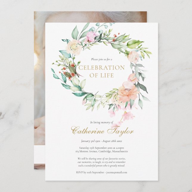 Roses Floral Photo Celebration of Life Funeral Invitation (Front/Back)