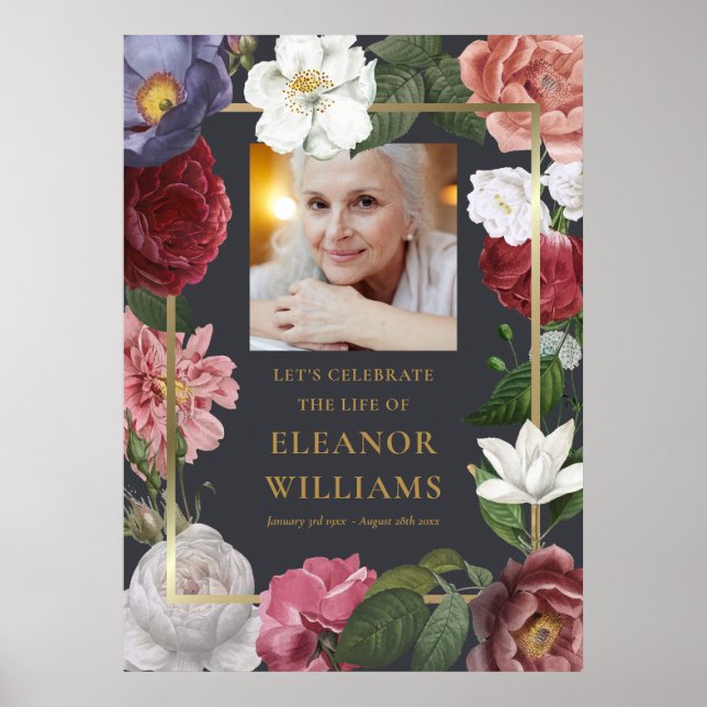 Roses Floral Photo Celebration of Life Sign (Front)