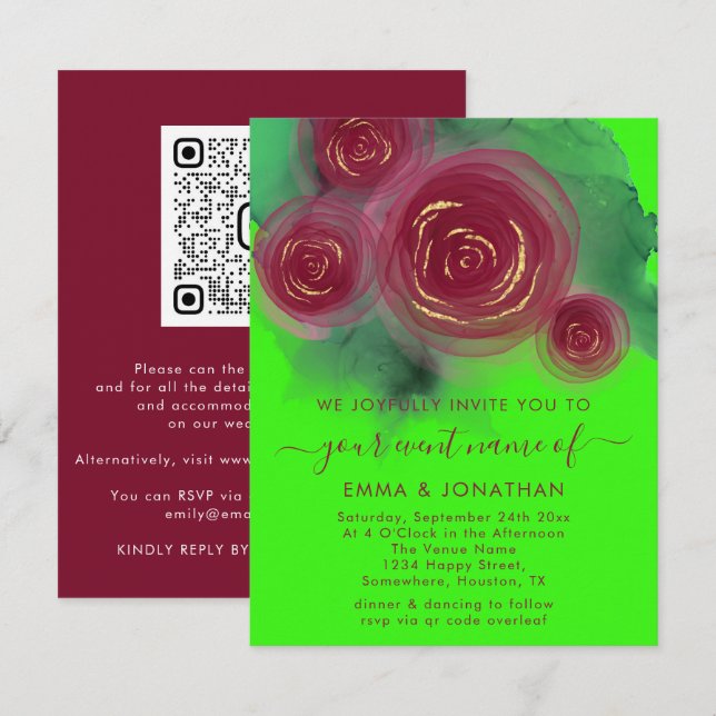 Roses Floral QR Code Bright Green Marsala  (Front/Back)