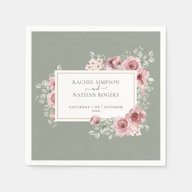 Roses Floral Sage Green Elegant Gold Geometric Napkin (Front)