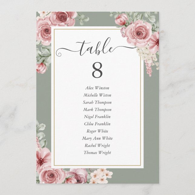 Roses Floral Sage Green Table Number (Front)