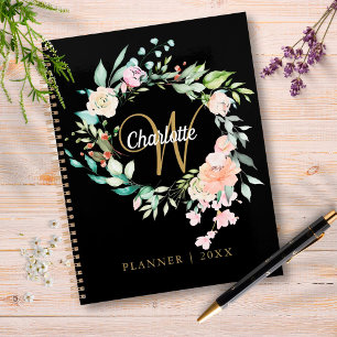 Roses Floral Script Monogram Black Gold 2023 Planner