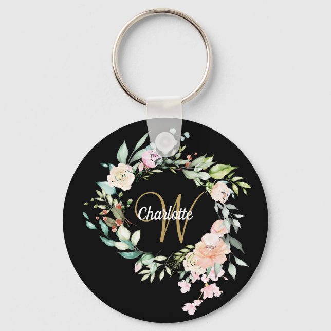 Roses Floral Script Monogram Black Gold Key Ring (Front)