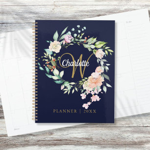 Roses Floral Script Monogram Navy Blue Gold Planner