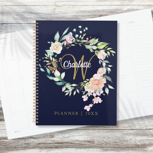 Roses Floral Script Monogram Navy Blue Gold Planner (Roses Floral Script Monogram Navy Blue Gold Planner)