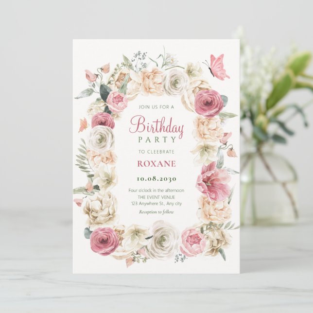 Roses flower pastel watercolor birthday invitation (Standing Front)