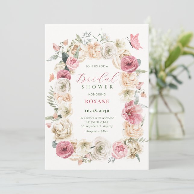 Roses flower pastel watercolor bridal shower invitation (Standing Front)