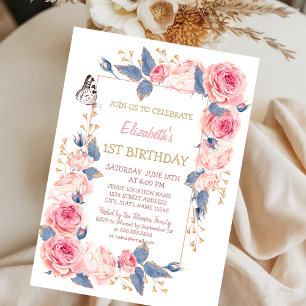 Roses Flowers Buttetrfly Striped Birthday  Invitation