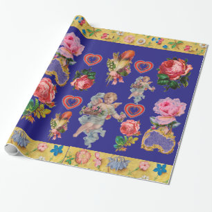 ROSES,FLOWERS,FEATHERS,ANGELS AND HEARTS IN BLUE WRAPPING PAPER