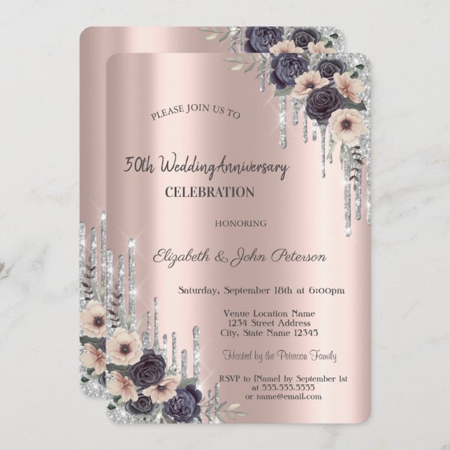 Roses Flowers Glitter Drips Rose Gold Anniversary  Invitation (Front/Back)