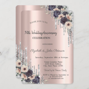 Roses Flowers Glitter Drips Rose Gold Anniversary  Invitation