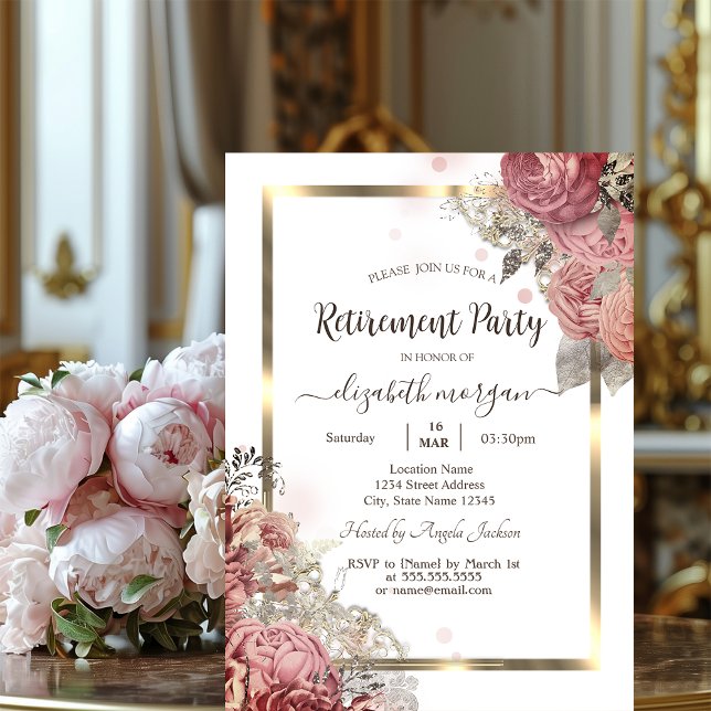 Roses Flowers Gold Frame Retirement  Invitation (Creator Uploaded)