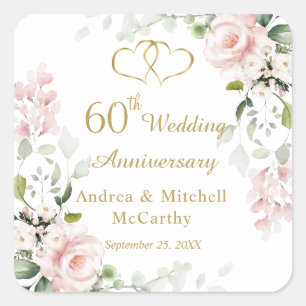 Roses Foliage Hearts 60th Wedding Anniversary  Square Sticker