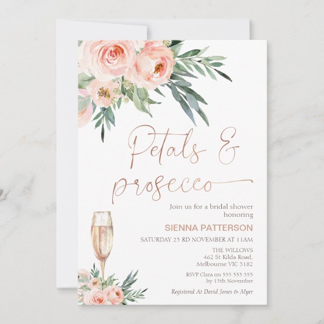 Roses Foliage Petals and Prosecco Bridal Shower Invitation (Front)