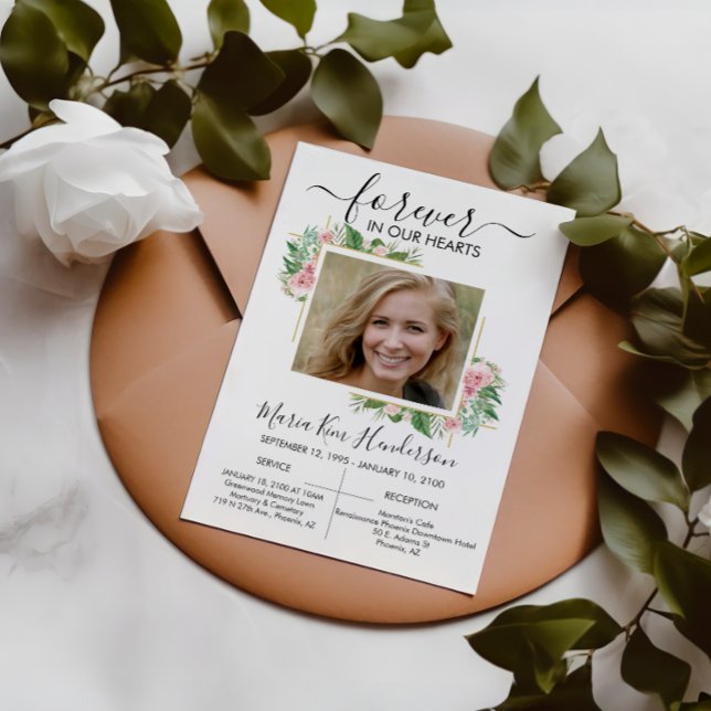 Roses Forever in Our Hearts Funeral Memorial Photo Invitation (Creator Uploaded)