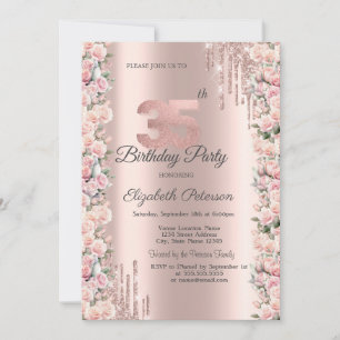 Roses Frame Drips Rose Gold 35th Birthday Invitation