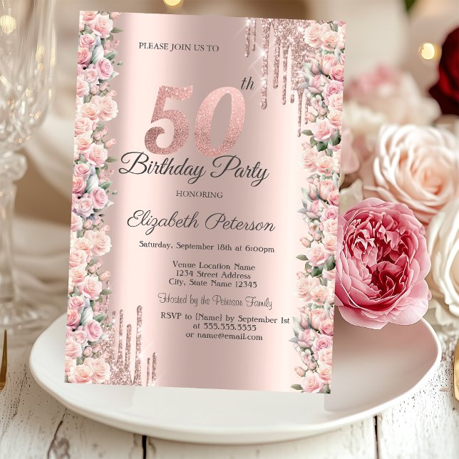 Roses Frame Drips Rose Gold 50th Birthday   Invitation (Creator Uploaded)