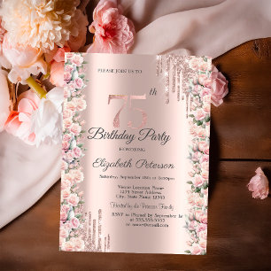 Roses Frame Drips Rose Gold 75th Birthday   Invitation