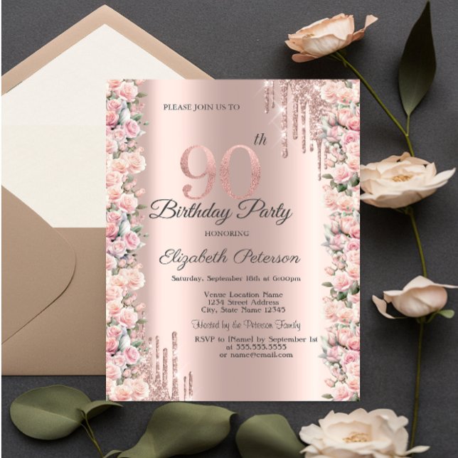 Roses Frame Drips Rose Gold 90th Birthday   Invitation (Creator Uploaded)