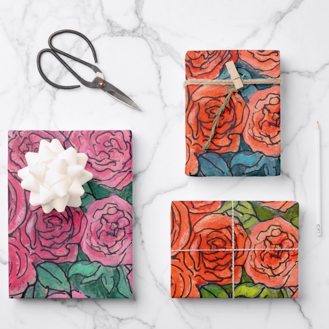 Roses Garden Flowers Floral Sketch Pink Red Green Wrapping Paper Sheet (Front)