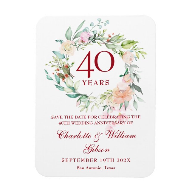 Roses Garland 40th Anniversary Save the Date Magnet (Vertical)