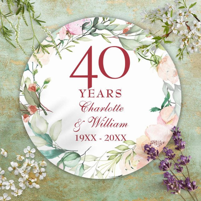 Roses Garland 40th Ruby Wedding Anniversary Classic Round Sticker (Roses Garland 40th Ruby Wedding Anniversary Classic Round Sticker)