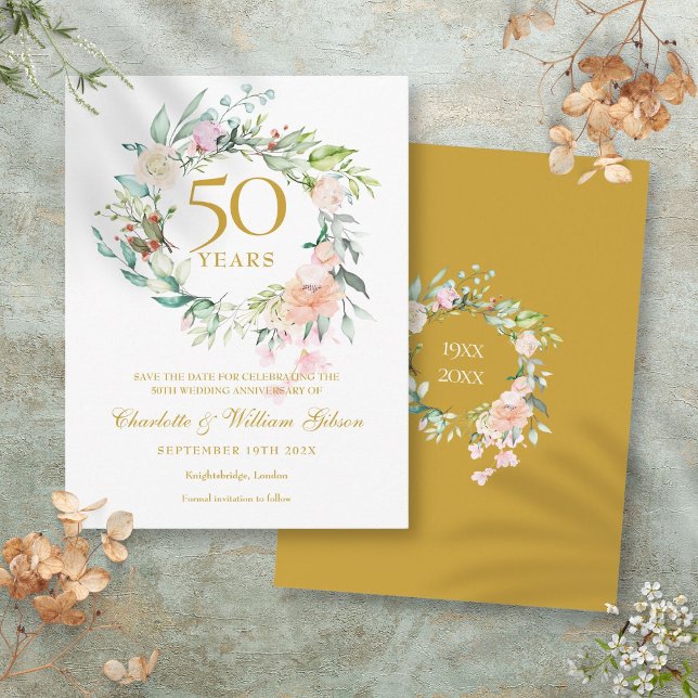 Roses Garland 50th Anniversary Save the Date Postcard (Roses Garland 50th Anniversary Save the Date Postcard)