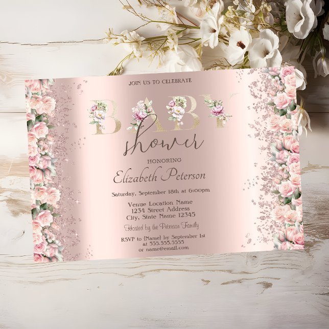 Roses Glitter Confetti Rose Gold Baby Shower Invitation (Creator Uploaded)