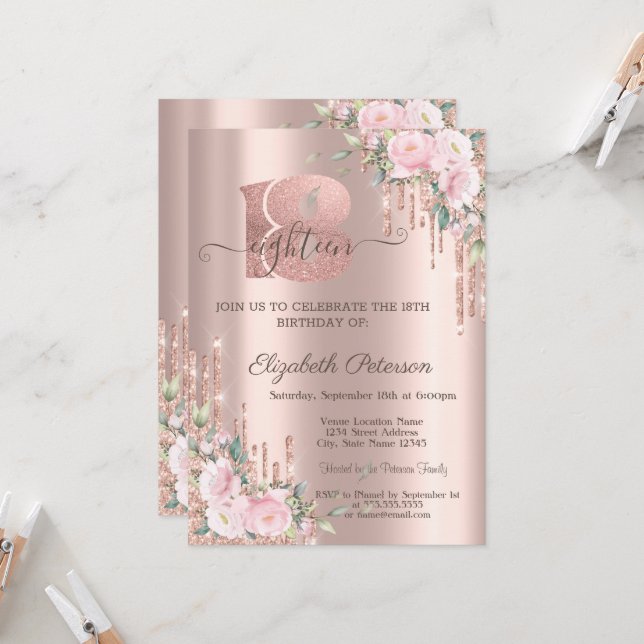Roses Glitter Drips Rose Gold 18th Birthday Invitation (Front/Back In Situ)