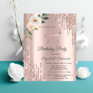 Roses Glitter Drips Rose Gold 75th Birthday   Invitation