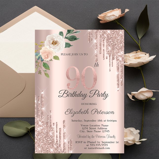 Roses Glitter Drips Rose Gold 90th Birthday   Invitation (Creator Uploaded)