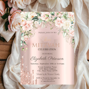 Roses Glitter Drips Rose Gold Bat Mitzvah Invitation