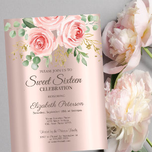 Roses,Glitter Drips Rose Gold Sweet 16 Invitation