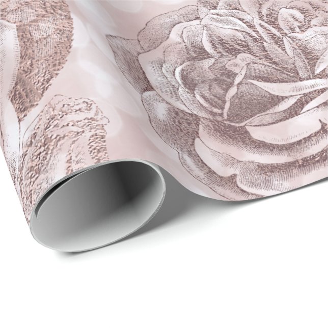 Roses Glitter Pink Rose Bokeh Floral Faux Blush Wrapping Paper (Roll Corner)