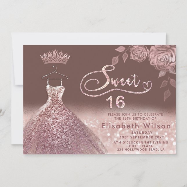 Roses glitter sequins rose gold dress  invitation (Front)