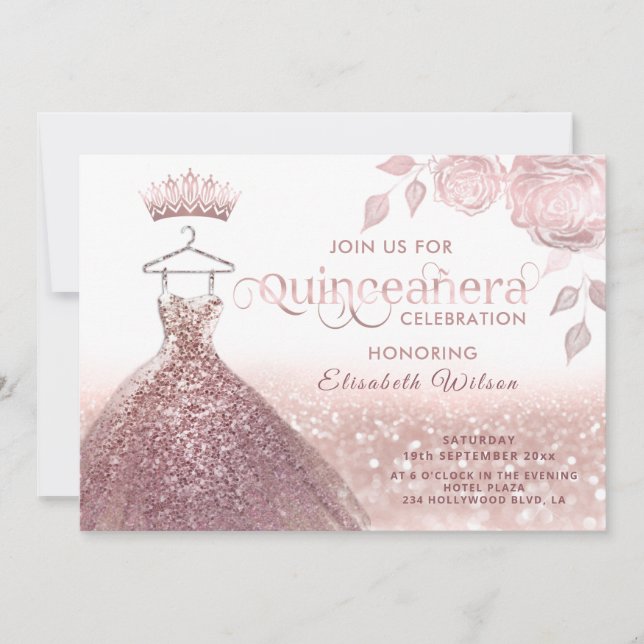 Roses glitter sequins rose gold dress Quinceañera  Invitation (Front)