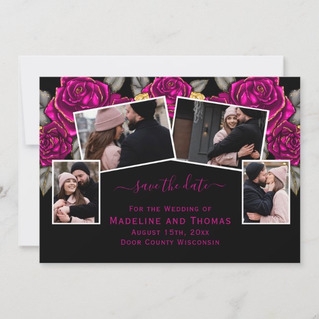 Roses Gold Foil Four Photo Black Pink Save The Date (Front)