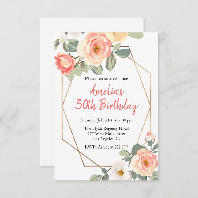 Roses & Gold Frame Birthday Invitation (Front/Back)