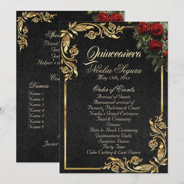 Roses & Gold Leaves - Black Quinceanera Program (Front/Back)