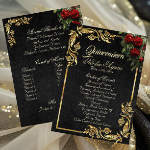 Roses & Gold Leaves - Black Quinceanera Program