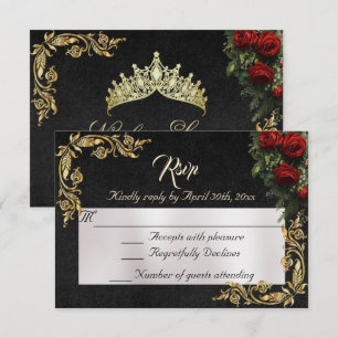 Roses & Gold Leaves - Black RSVP Card
