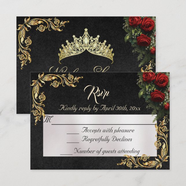 Roses & Gold Leaves - Black RSVP Card (Front/Back)