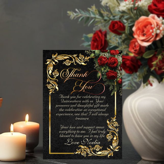 Roses, Gold Leaves & Tiara - Black Quinceanera Thank You Card (Creator Uploaded)